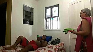 The boss catches the maid masturbating and they have interracial sex, promising to keep it secret from his wife