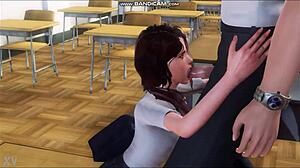 Hey, the brunette is sucking her teacher in the classroom! 😏