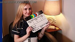 Victoria Greene Sucks Cock and Gets Her Uniform Drenched in Cum at the Milking Table