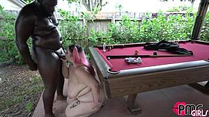 Latina bbw rose d kush sucks big black cock by the cabana