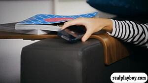 sexy brunette babe moans loudly. she finger fucks her hairless shaved pussy in solo masturbation