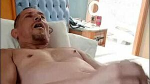 Intense bareback handjob leads to explosive cumshot on mature Brazilian guy.