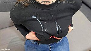 Comparing Two Hot Cumshots On Clothes From Amateur Couple's Handjob Session