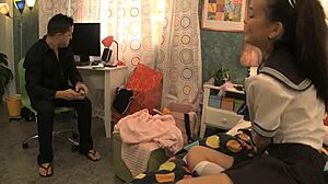 A Super-Tiny 18-Year-Old Asian Sits On Older Guy's Face Then Sucks And Rides His Fat Dick