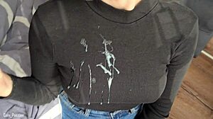 Comparing Two Hot Cumshots On Clothes From Amateur Couple's Handjob Session