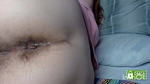 Hairy toy probes ass with fingering and farting