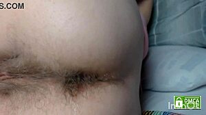 Hairy toy probes ass with fingering and farting