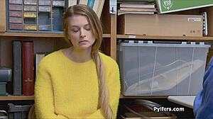 Watch this huge titty teen thief blowing the guard's cock on hidden cam