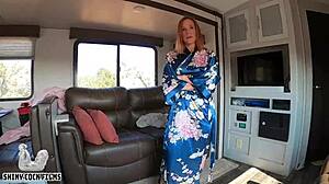 Stepson soothes nudist stepmom's sunburn with big cock.