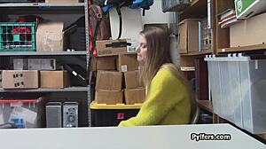 Watch this huge titty teen thief blowing the guard's cock on hidden cam