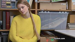 Watch this huge titty teen thief blowing the guard's cock on hidden cam