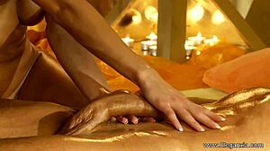 Blonde cougar gives relaxing bath massage