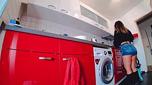 Steamy tease in short jeans and hot pants