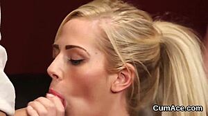 Frisky honey gets a load on her face swallowing all the charge