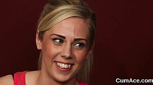 Frisky honey gets a load on her face swallowing all the charge