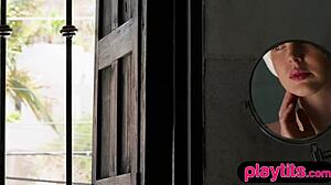 slender redhead milf undresses lingerie revealing perky small tits