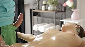 Brunette doll feels intense emotions while getting fucked doggystyle by her masseur