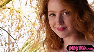 slender redhead milf undresses lingerie revealing perky small tits