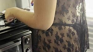 My friend cooks in lingerie and thong
