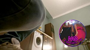 hot brunette babe in the kitchen first with panties then she takes her underwear off under her mini skirt