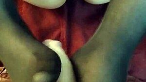 Doing a footjob in stockings first try in my life