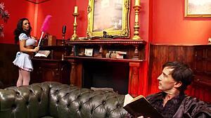 brunette with comical fake boobs gets her shaved pussy fucked