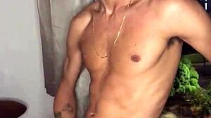 The naughty boy jerks off at the building window