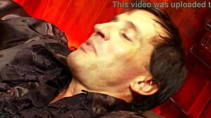 brunette with comical fake boobs gets her shaved pussy fucked