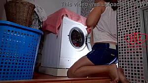 The bitch strips in the laundry for clothes domination and gets fucked in the washing machine!