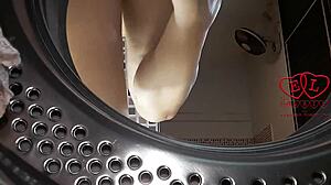 The bitch strips in the laundry for clothes domination and gets fucked in the washing machine!