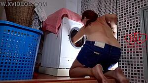 The bitch strips in the laundry for clothes domination and gets fucked in the washing machine!