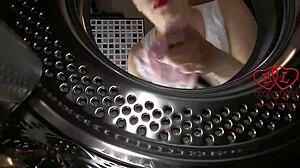 The bitch strips in the laundry for clothes domination and gets fucked in the washing machine!