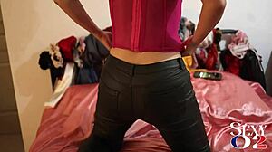 white amateur in leather pants satin lingerie corset panties gets doggystyle deepthroat rimming