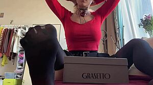 trying on a new pair of heels in the store