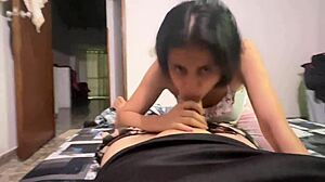 Teen babe sucks cock eagerly, hoping for permission to leave the house