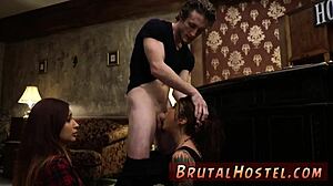 Hard bondage gangbang outdoor with excited youthful tourists