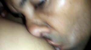 My cousin gives me pleasure licking my big swollen lubricated vagina with his tongue in homemade video.