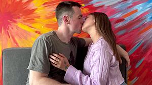 Pretty colombian brunette kisses muscular bodybuilder in college setting