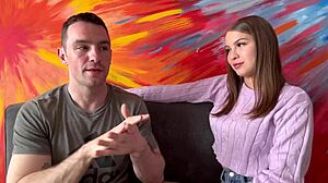 Pretty colombian brunette kisses muscular bodybuilder in college setting