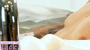 Kimberly Chi and Nyomi Star tease with lesbian licks in the bathtub. They rip lingerie apart.