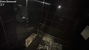 Horny brunette swallows my cock in a hotel bathroom