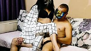 Milf wife shows off her beautiful body in black mesh stockings at home.