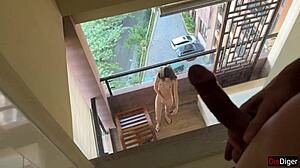 Horny Neighbor Masturbates On Balcony While Pervert Peeps - Katty West Anal