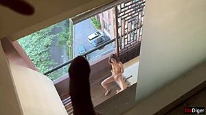 Horny Neighbor Masturbates On Balcony While Pervert Peeps - Katty West Anal