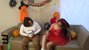 Halloween threesome featuring beautiful big-ass devil and perverted witch