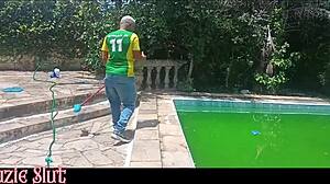 The guy cleaned the pool and then came inside did he clean it