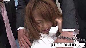 Asian secretary gets played with while shes on the phone.