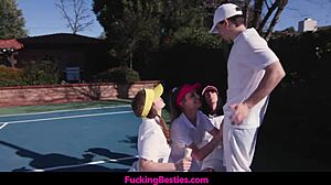 three horny teen 18+s seduce tennis instructor on court