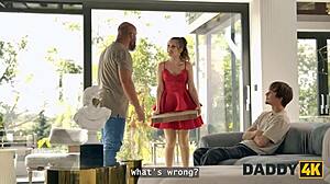 Daddy4K: Young 18+ Slut Una Fairy Experiments with Two Cocks in One Room