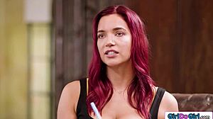 Busty counselor licks ebony client's pussy passionately